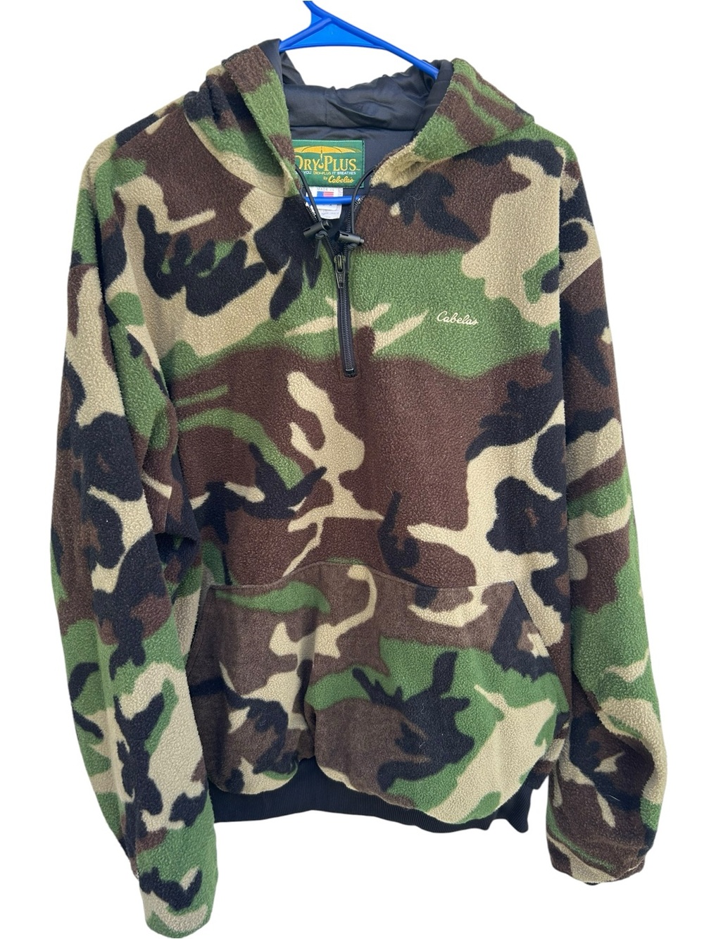 Vintage 1990s Cabela’s Dry Plus Men’s XL Woodland Camo Fleece Hoodie Made In USA